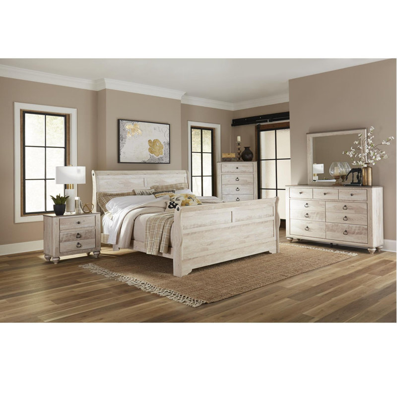 Contemporary White Wash Finish Bedroom Set Queen